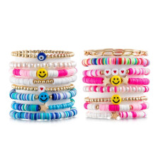 Preppy Heishi Bracelet Set White Gold Smile Heart Star