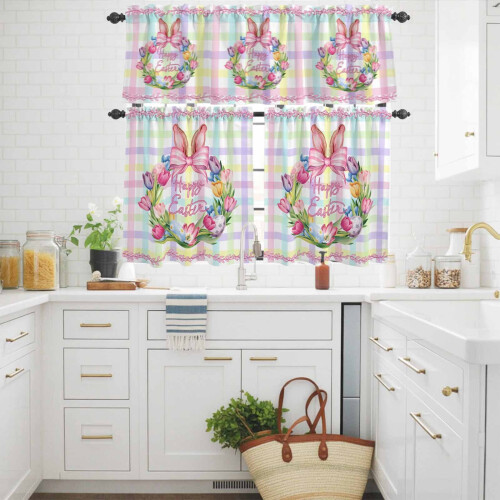 Easter Kitchen Curtains and Valances Set Pink Leaf Plaid 2
