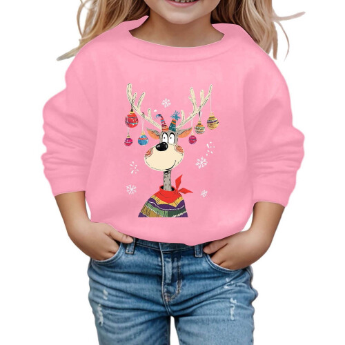 Kids Santa Pullover Reindeer Print Round Neck Long Sleeve