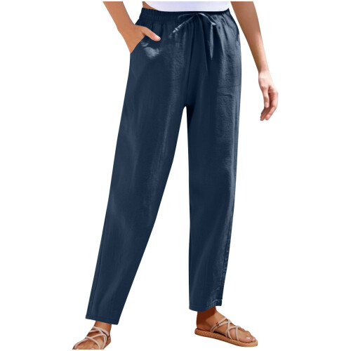 Women's Cotton Linen Pants Solid Color Wide Leg with 2