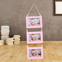Wood Triple Photo Frame Pink Wall Display 1 Set
