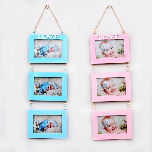 Wood Triple Photo Frame Pink Wall Display 1 Set 1