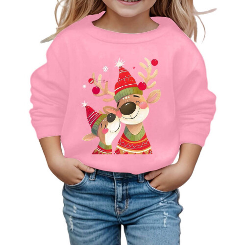 Kids Santa Pullover Reindeer Print Round Neck Long Sleeve