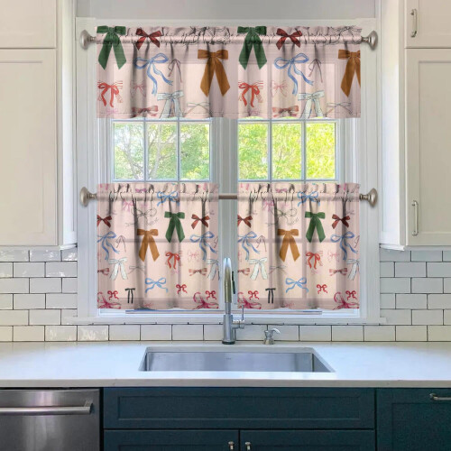 Pink Bow Kitchen Curtains and Valance Set 3-Piece 1