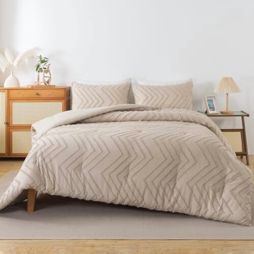 Khaki Queen Comforter Set Boho Beige Microfiber 3-Piece 1