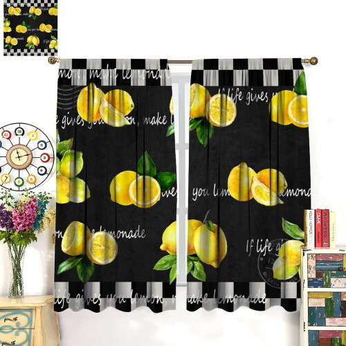 Lemon Kitchen Curtains Black White Buffalo Plaid 63x63in 2