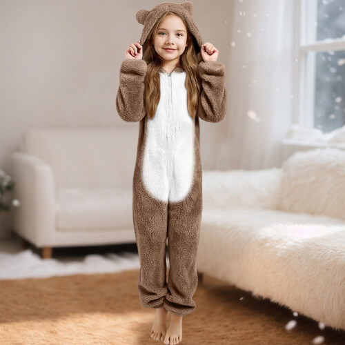 Bear Ear Plush-Lined One-Piece Pyjama Set Hooded Ages 3-12 1