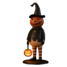 Vintage Witch Gentleman Figurine With Handheld Pumpkin Light For Household Indoor Seasonal Decoration