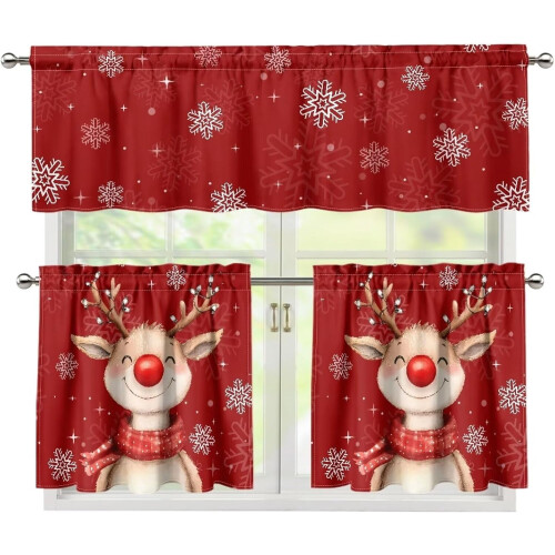 Red Christmas Reindeer Kitchen Curtains and Valances Set