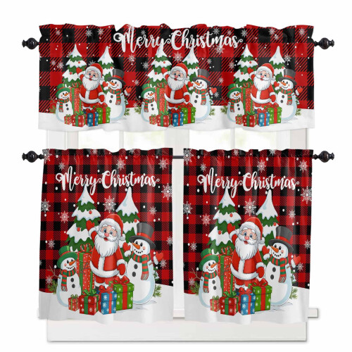 Christmas Tree Kitchen Curtains Set Red Black Plaid 3 pcs