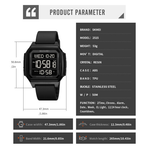 Waterproof Digital Alarm Watch with LED Backlight 50M 1
