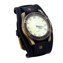 Roman Numeral Gear Watch Black Faux Leather Band