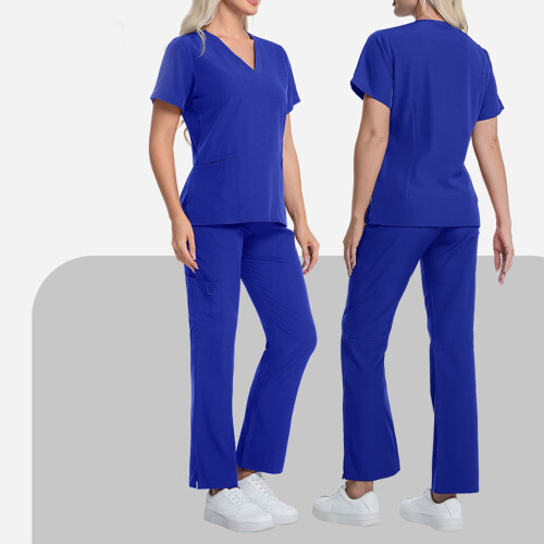 Nurse Scrubs Set Blue Solid Short Sleeve Top and Drawstring 1