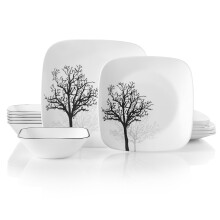 Corelle Vitrelle 18-Piece Service for 6 Dinnerware Set Triple Layer Glass and Chip Resistant Lightweight Square Plates and Bowls Set Timber Shadow