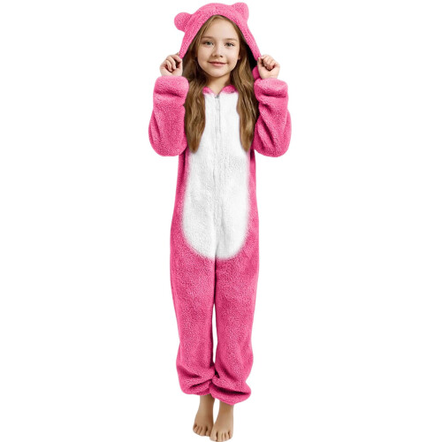 Bear Ear Plush-Lined One-Piece Pyjama Set Hot Pink Size 110