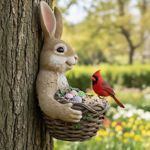 Easter Bunny Resin Garden Feeder with Eggs and Woven Basket 2