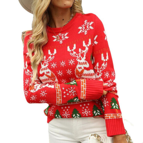 Snowflake Reindeer Sweater Relaxed Fit Red L