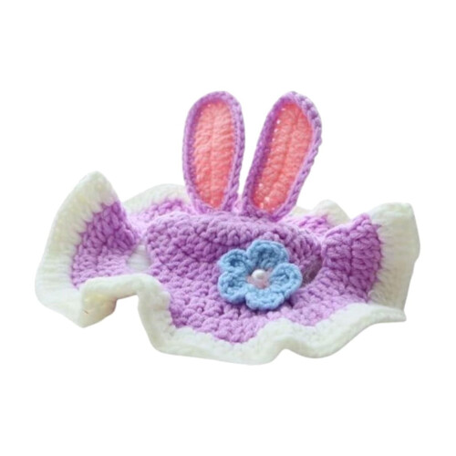Knit Cat Hat with Blue Flower Purple Rabbit Bonnet for 1