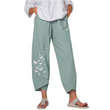 Women's Mint Green Butterfly Print Ankle Pants Elastic