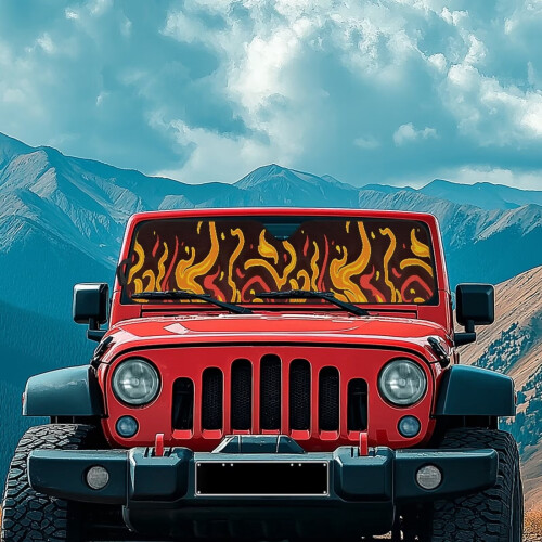 Cartoon Fire Windshield Sun Shade Mat for Rubicon Sahara TJ 2