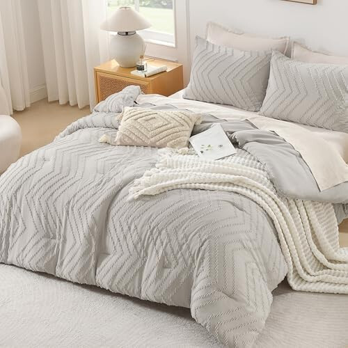 Linen King Comforter Set Boho Tufted Chevron 3-Piece 1