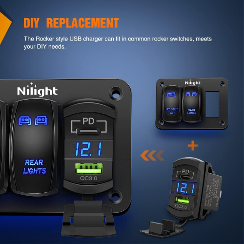 Rocker Switch USB Car Charger with PD Type-C and QC 3.0 1