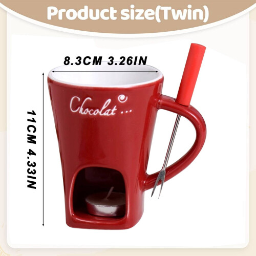 Red Ceramic Fondue Mug Set with Fork and Tea Light Warmer 2