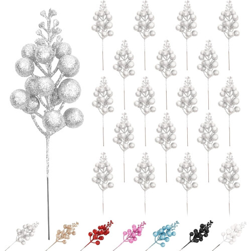 Glitter Berry Tree Picks Silver Stem 18-Pack