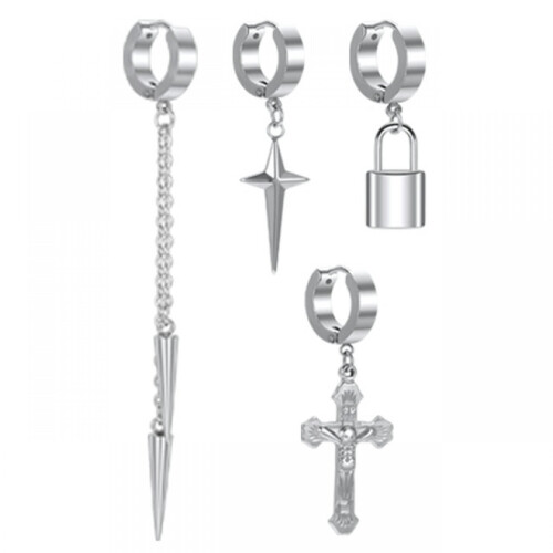 Stainless Steel Hoop Earring Gothic Cross 4 pcs