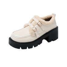 Beige women's winter loafers thick mid-heel round toe