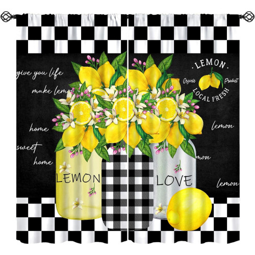 Lemon Fruit Curtains Vintage Farmhouse Black White Check