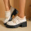 Beige women's winter loafers thick mid-heel round toe 5