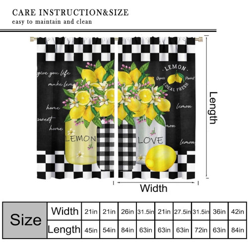 Lemon Fruit Curtains Vintage Farmhouse Black White Check 1