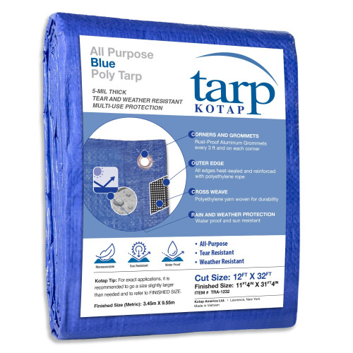 Kotap 12 x 32 Ft. Tarp Polyéthylène Multi-Usage 5-mil, Imperméable, Bleu, (TRA-1232)