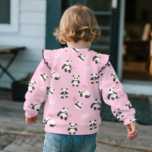 Girls Panda Sweatshirt Pink Ruffle Long Sleeve Oversized 2