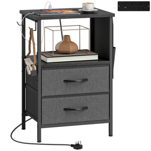 Bedside Table with Charging Station - Black 1