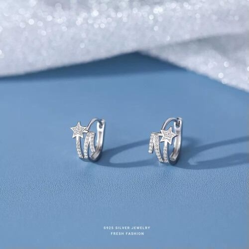 Sterling Silver CZ Star Hoop Huggie Earrings