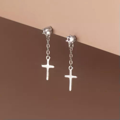 925 Sterling Silver Cross CZ Stud Earrings Silver 2