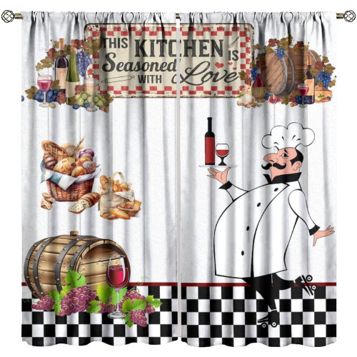 Funny Chef Curtains Rustic Wood Design Wine Red Thermal