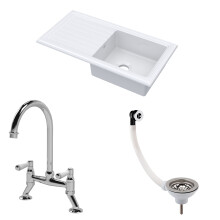 Traditional Fireclay Kitchen Bundle: 1 Bowl Sink & Drainer w/ Bridge Lever Mixer Tap, Basket Strainer Waste, 1010mm - Chrome