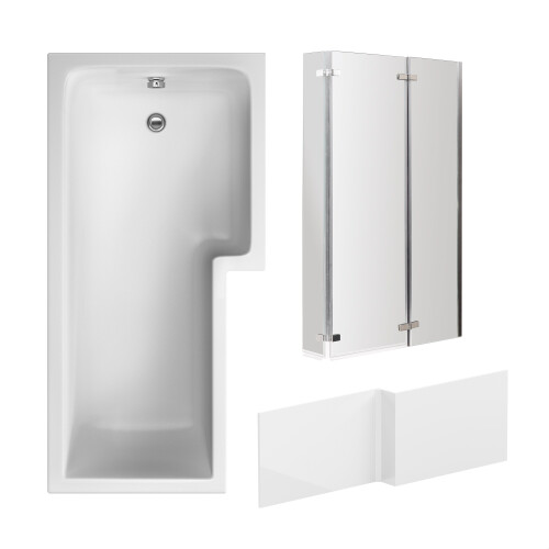 Balterley L Shape 1700x850 Shower Bath Set - Front Panel & Chrome 3 Panel Center Hinge Screen, Right Hand