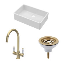 Traditional Fireclay Kitchen Bundle: 1 Bowl Butler Sink, Waste & Mono Lever Handle Tap, 795mm - Brushed Brass
