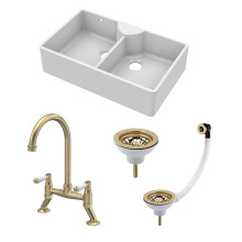 Traditional Fireclay Kitchen Sink Bundle: Double Bowl Stepped Weir Butler with Wastes & Bridge Lever Tap, 895mm - Brushed Brass