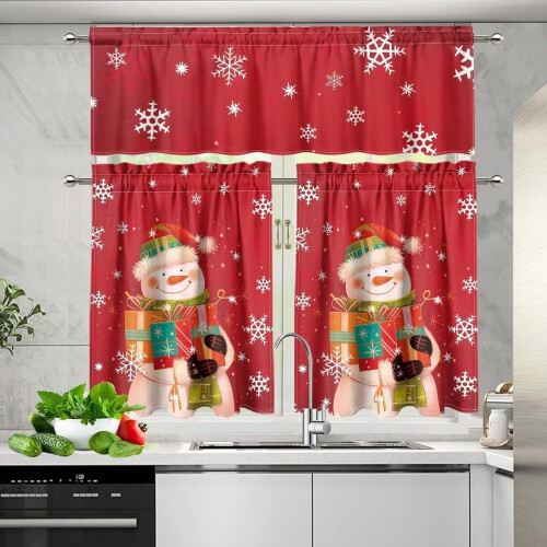 Christmas Snowman Red Kitchen Curtains Set 36 inch 3 pcs 1