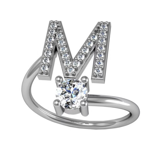 Women's Stainless Steel Initial Ring with Cubic Zirconia,