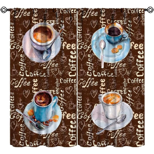 Retro Coffee Kitchen Curtains Rustic Brown 63x63in