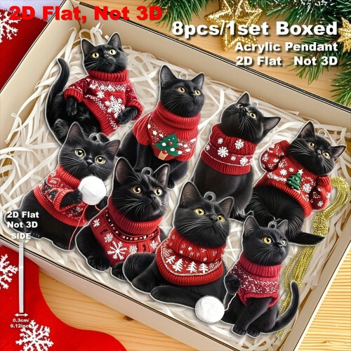 Black Cat Ornaments in Red Sweater 8PCS