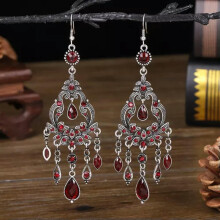 Retro Silver Drop Earrings with Red Crystal Tassels 4.5 Inch