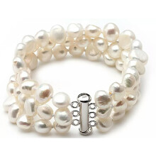 Sterling Silver White Baroque Pearl Bracelet 3 Rows 8-9mm