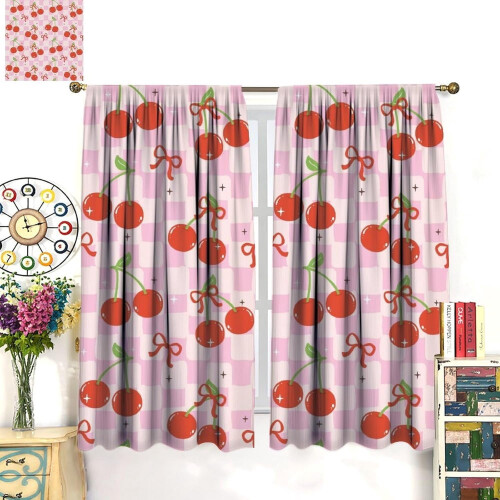 Bow Curtains Retro Pink Cherry Print 55" W x 39" L 2
